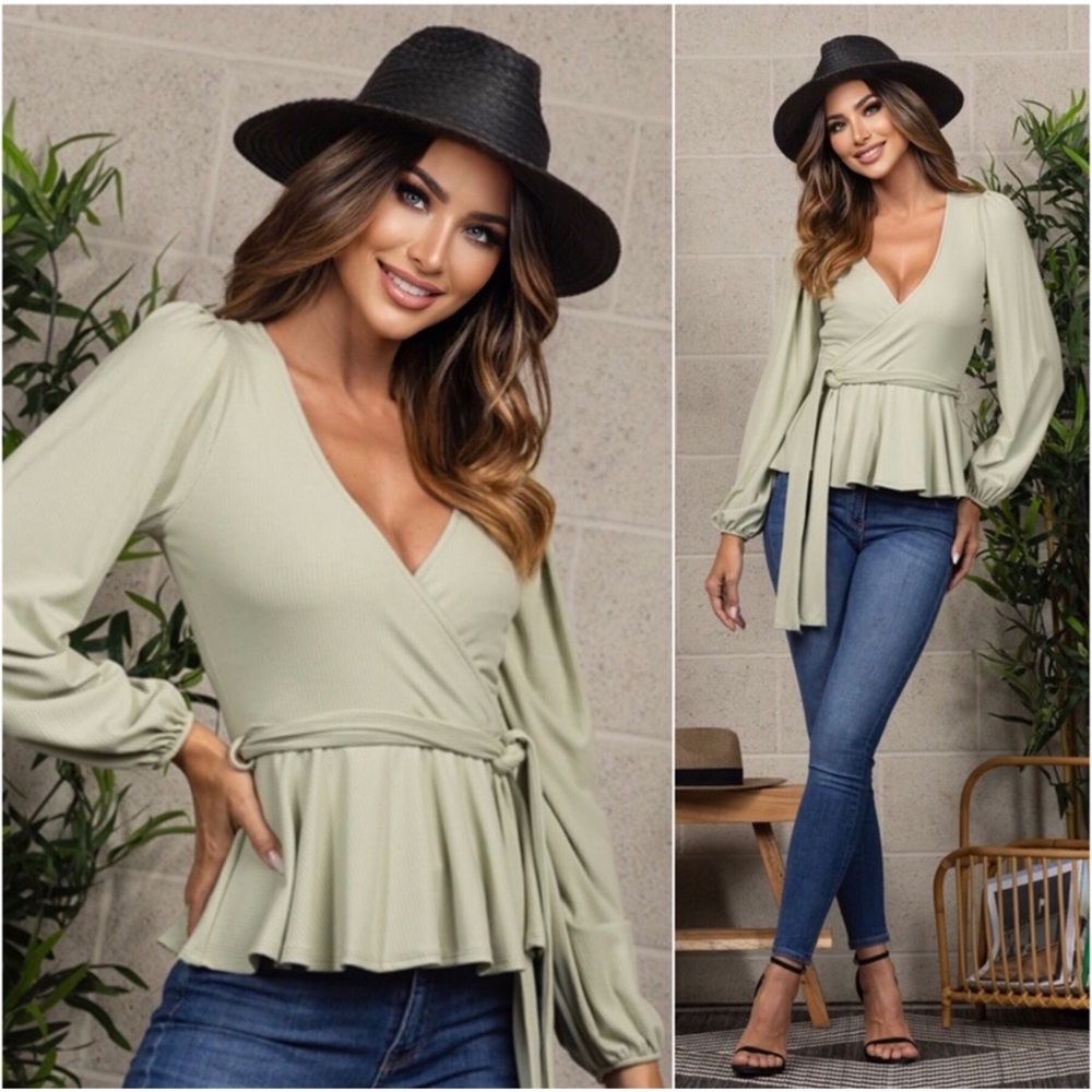 2 LEFT! Light Green Surplice Neckline Peplum Style Women's Fall Blouse Top - Picture 3 of 4